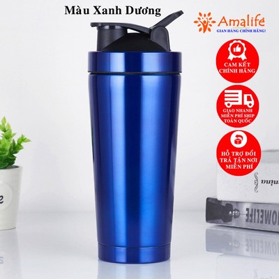 [Màu Xanh Dương] Bình Lắc Giữ Nhiệt Đựng Nước Shaker Inox 800ml, Bình Tập Gym Thể Thao Hãng Amalife Kèm Bóng Lò Xo Lắc