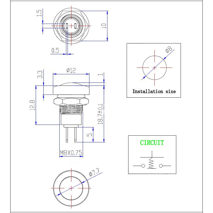 Nút nhấn nhả phi 8mm, vỏ kim inox cao cấp, chống nước IP65, đầu nút hình cầu