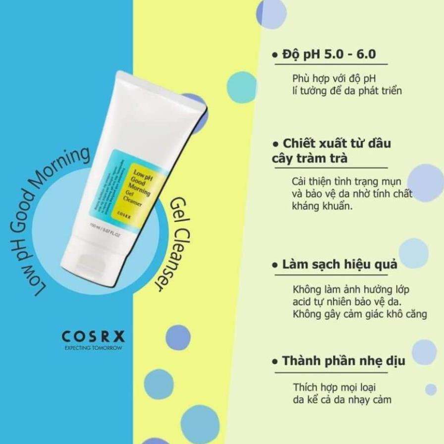 Sữa Rửa Mặt Cosrx Low PH Good Morning Gel Cleanser Dạng Gel Chiết Từ Dầu Cây Trà Dịu Nhẹ, Ngăn Ngừa Mụn