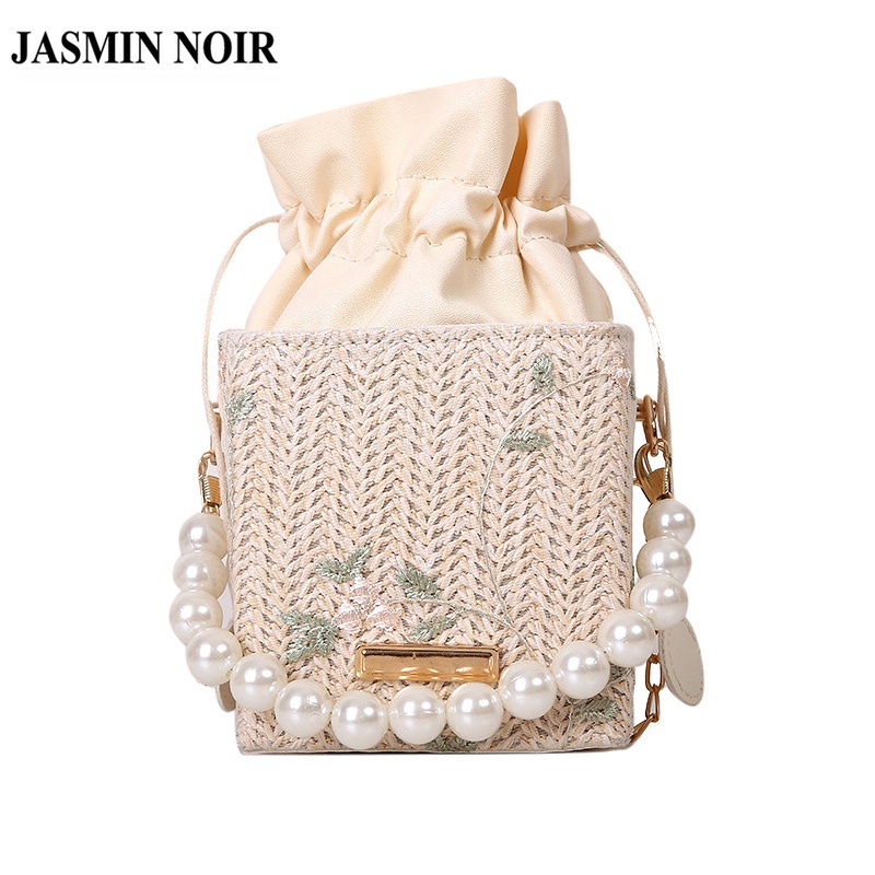 Túi Đeo JASMIN NOIR Vai Đan Cói Đính Ngọc Trai Phối Dây Xích Thời Trang Cho Nữ