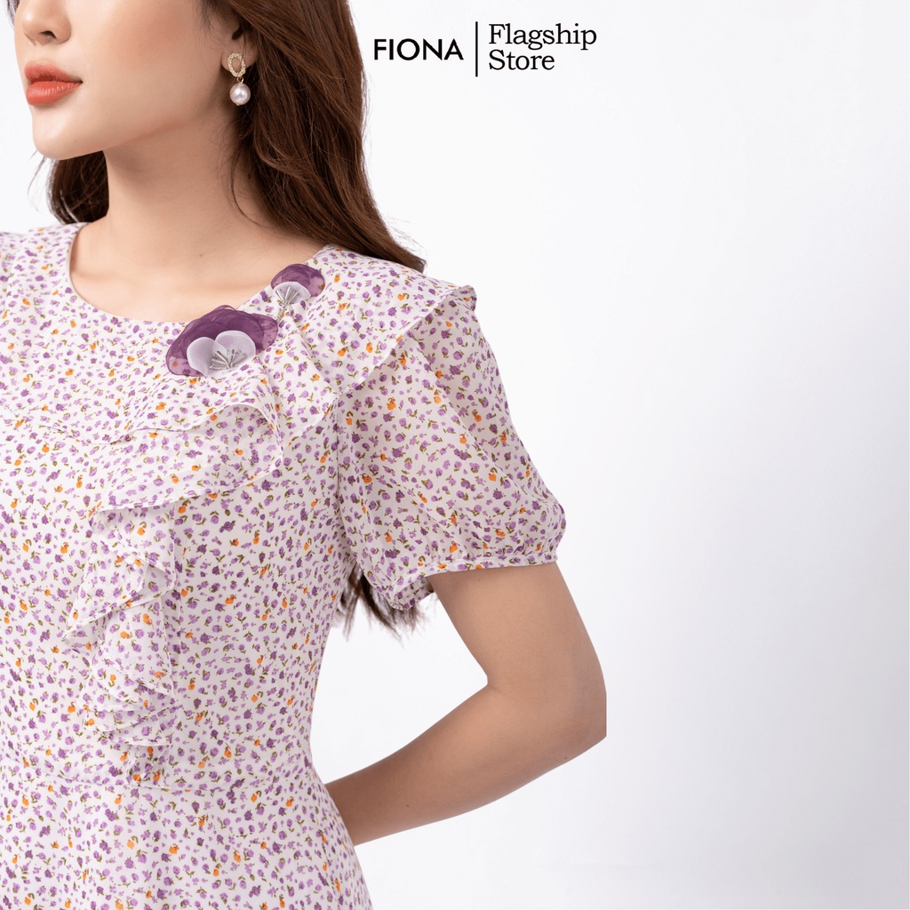 Đầm thiết kế cao cấp FIONA váy công sở nữ họa tiết hoa nhí cổ tròn bèo rủ 1 bên đính hoa trang trí F452240