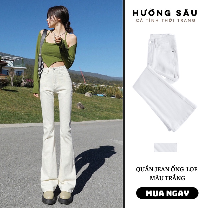 Quần jean ống loe cạp cao MÀU TRẮNG may gấu co dãn hàng cao cấp