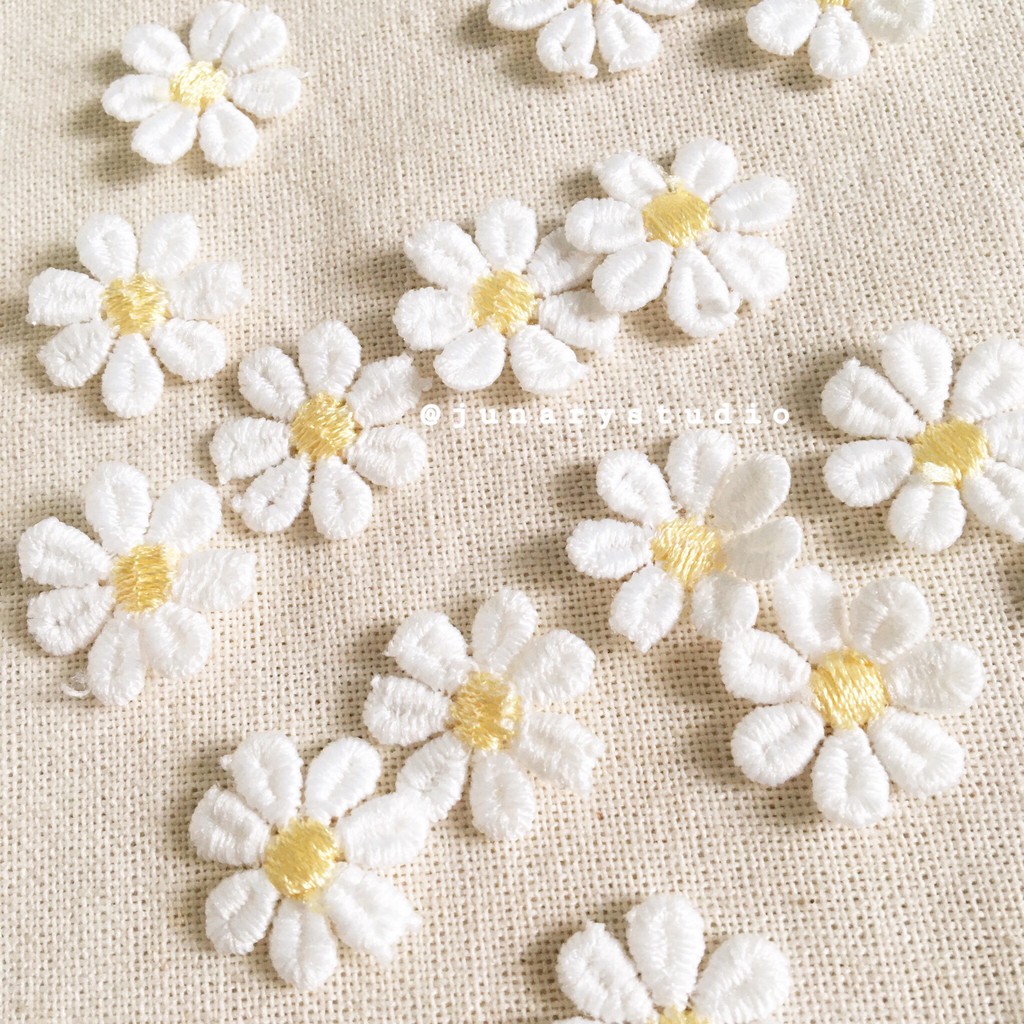 Junarystudio - 20 chiếc bông ren hoa ren hoa cúc ren daisy màu trắng trang trí journal may vá thủ công diy vintage