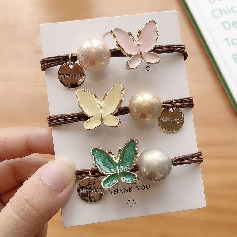 Korea Ins Net Red Head Rope Bracelet Dual-use Forest Cute Butterfly Pearl Hair Rope Female Tie Hair Rubber Band Headdress Ladies Elastic Flower Ponytail Hair Band Hair Accessories Headdress