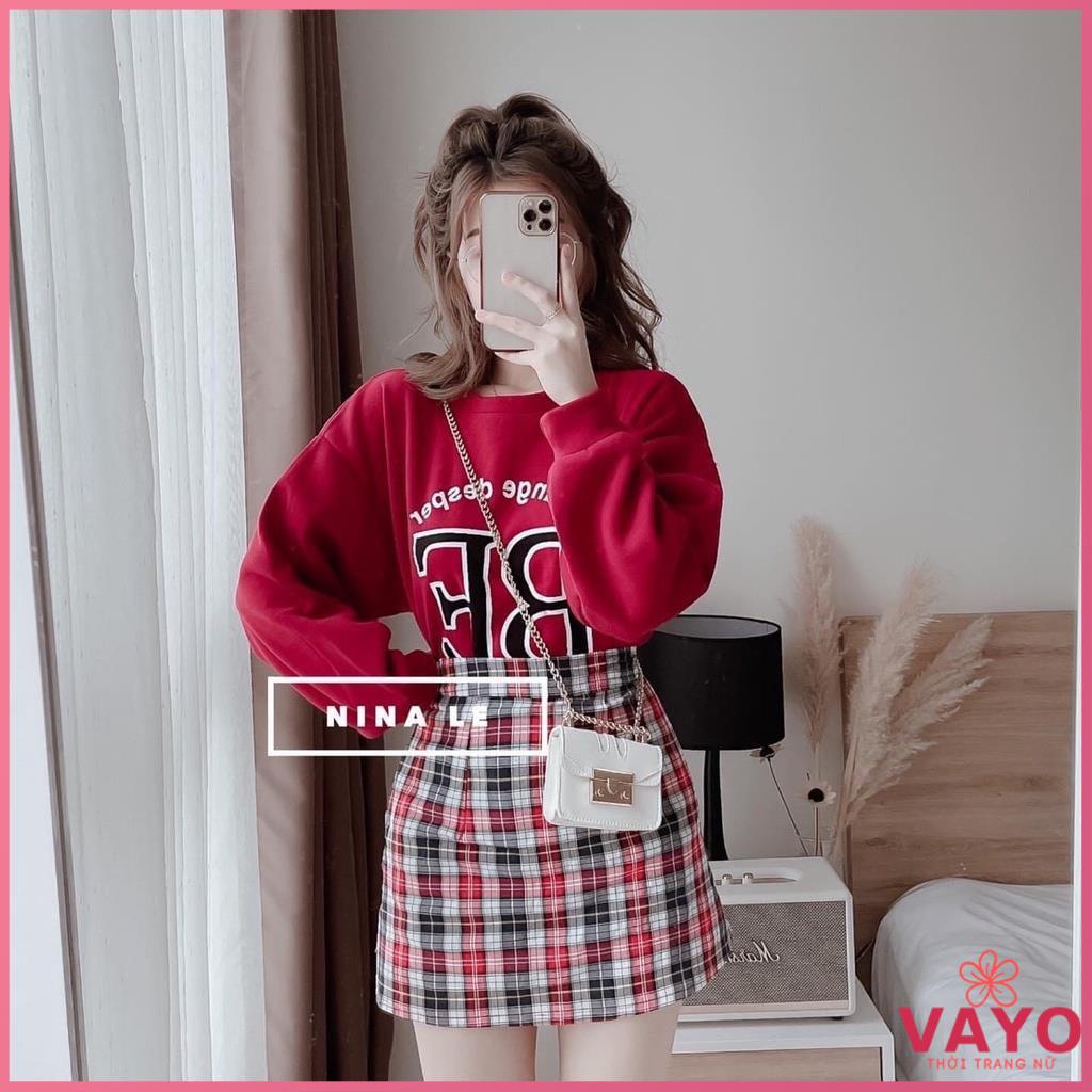 Set chân váy áo 💖FREESHIP💖 áo thun tay dài cổ tròn họa tiết chữ và chân váy kẻ sọc caro đỏ đẹp đi chơi lễ tết .