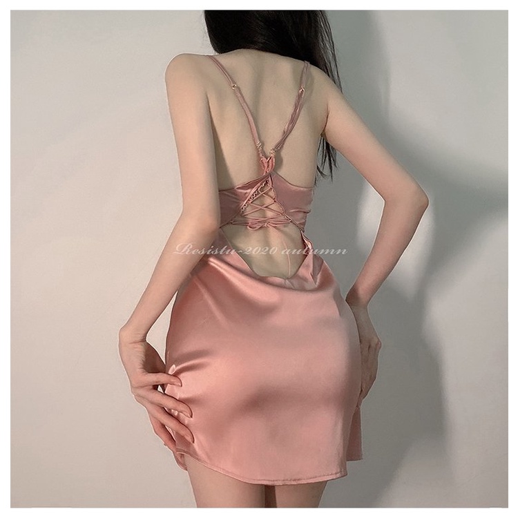 Đồ ngủ nữ sexy đan dây hở lưng lụa satin Quảng Châu cao cấp đầm ngủ phối ren ngực sang trọng BIKIHOUSE N130 - HCM