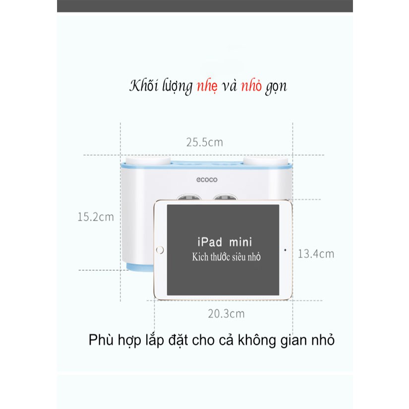 Bộ Treo Bàn Chải Nhả Kem Đánh Răng Tự Động Ecoco Dán Tường Không Cần Khoan Đục Cao Cấp Kèm 4 Cốc- Màu ngẫu nhiên