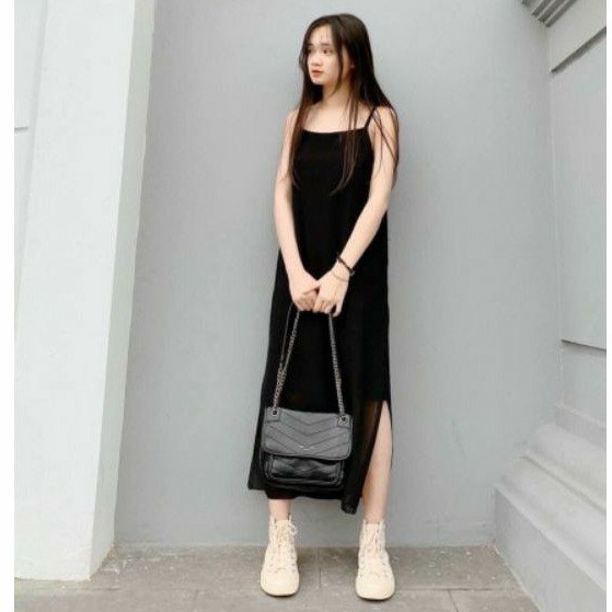Đầm vôn phôm suông  dáng dài quá gối xẻ tà 2 lớp đẹp