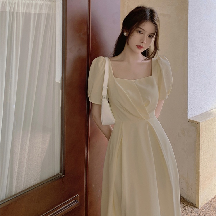 IELGY     Đầm Cổ Vuông Nhấn Eo Phong Cách Pháp Thời Trang Cho Nữ