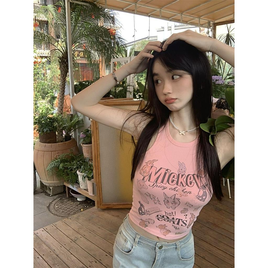 Áo Croptop Cổ Tròn Dáng Ôm In Họa Tiết Hoạt Hình Thời Trang Mùa Hè Cho Nữ