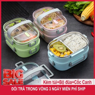 [ĐỦ PHỤ KIỆN] Hộp Cơm Giữ Nhiệt 2 Tầng 3 Ngăn Cao Cấp Chất Liệu Khay Inox304 Không Gỉ Chống Tràn HC-02