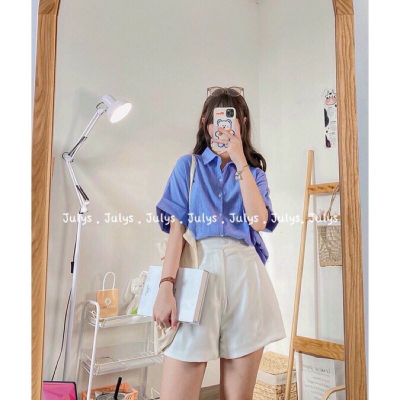 Áo sơ mi cộc tay kẻ sọc tay gập cúc lưng oversize phong cách ulzzang [Ảnh thật/Sẵn]