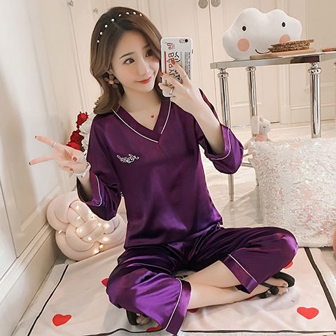 Bộ đồ ngủ tay dài chất lụa lạnh mỏng cỡ lớn kiểu Hàn Quốc dễ thương thời trang xuân thu cho nữ