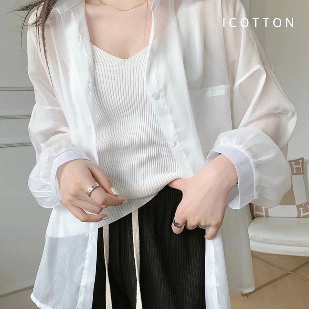 Áo sơ mi phom rộng khoác ngoài ❤️ICOTTON❤️ áo sơ mi nữ mỏng voan chiffon xuyên thấu dài tay, áo đi biển, đi chơi