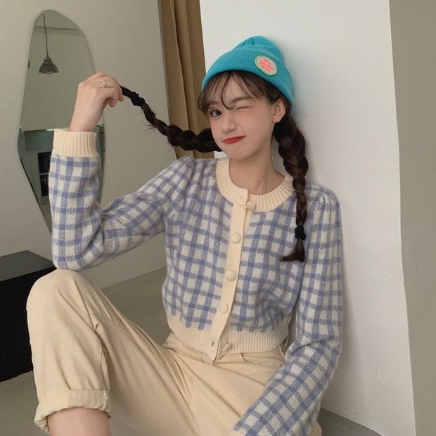 Áo khoác Cardigan dệt kim dáng ngắn tay dài in sọc caro thời trang