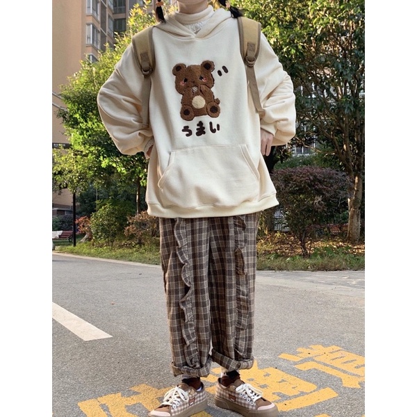 Áo Nỉ  Hoodie  Có Mũ Gấu Bông Nâu Siêu Xinh Phong Cách ulzzang nữ sinh Nhật Hàn