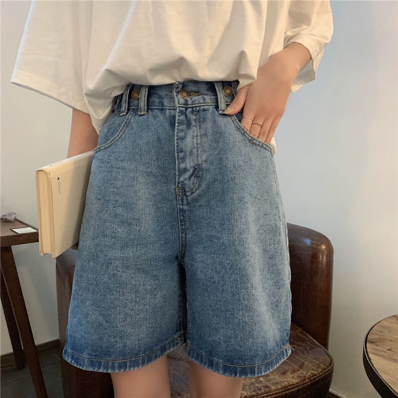 Xiaozhainv Quần đùi denim lưng cao dáng rộng phong cách cổ điển cho nữ | BigBuy360 - bigbuy360.vn