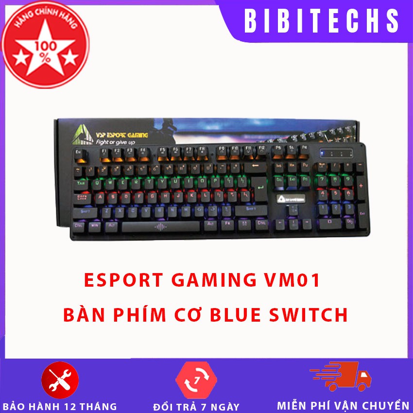 Bàn phím cơ Gaming Esport VM01, Led rainbow 8 chế độ, tặng kèm 4 switch  - BH 12 tháng - Bibitechs