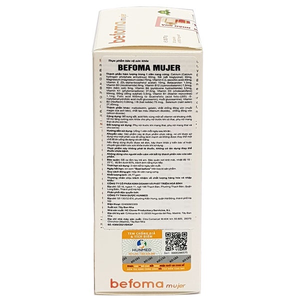 Befoma Mujer, hỗ trợ tăng cường sức khỏe phụ nữ trong thời kỳ sinh sản - Tây Ban Nha (hộp 30 viên)