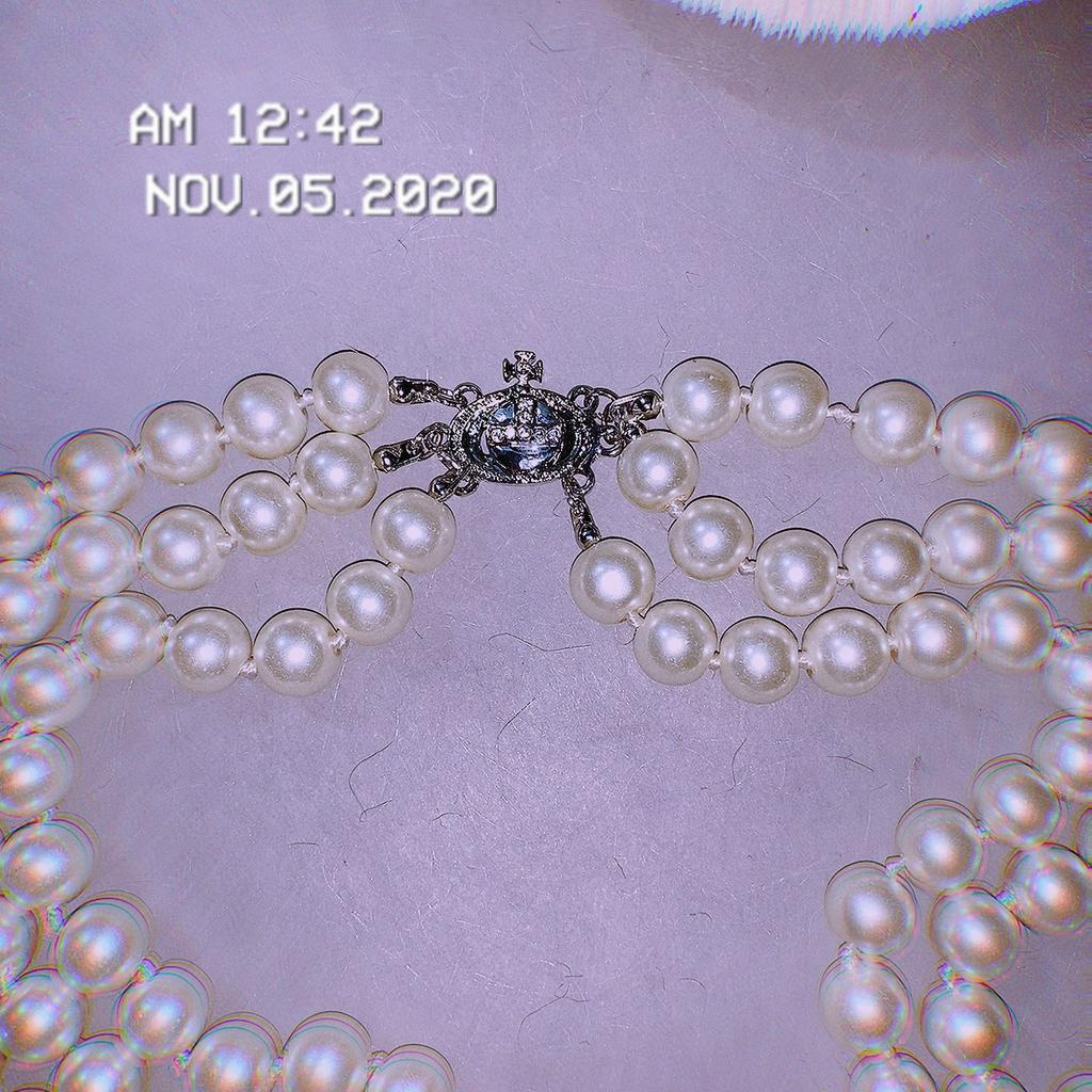 Dây chuyền choker ba lớp đính hạt ngọc trai giả phong cách cổ điển
