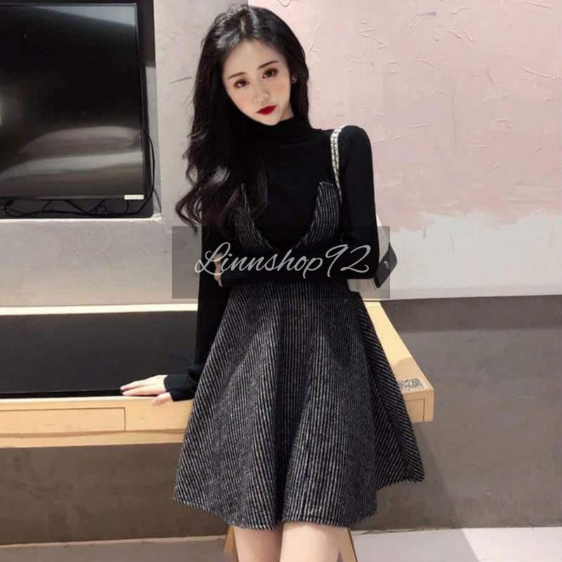 [Ảnh thật] Set váy yếm kèm áo len về