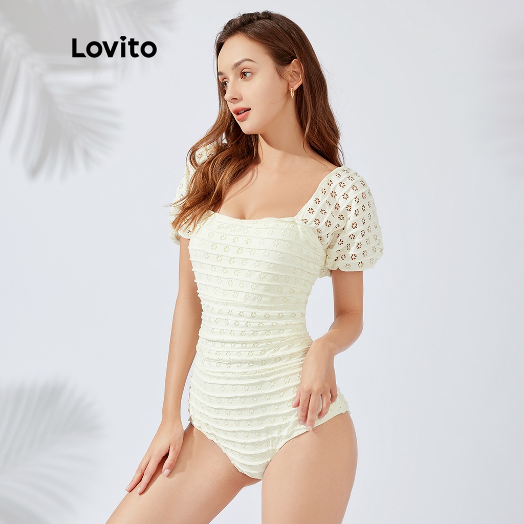 Đồ bơi một mảnh Lovito may nhún chun thêu lỗ xâu thanh lịch L23AD079 (màu trắng nhạt)