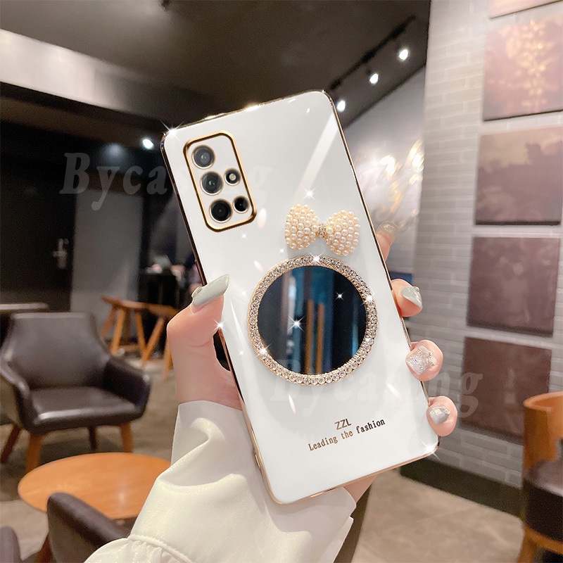 Ốp Điện Thoại Cao Su Mềm Tráng Gương Đính Nơ Ngọc Trai Sang Trọng Cho Samsung A7 2018 A51 A71 A10S A20 A30 Note 20 Ultra Note20 Note10