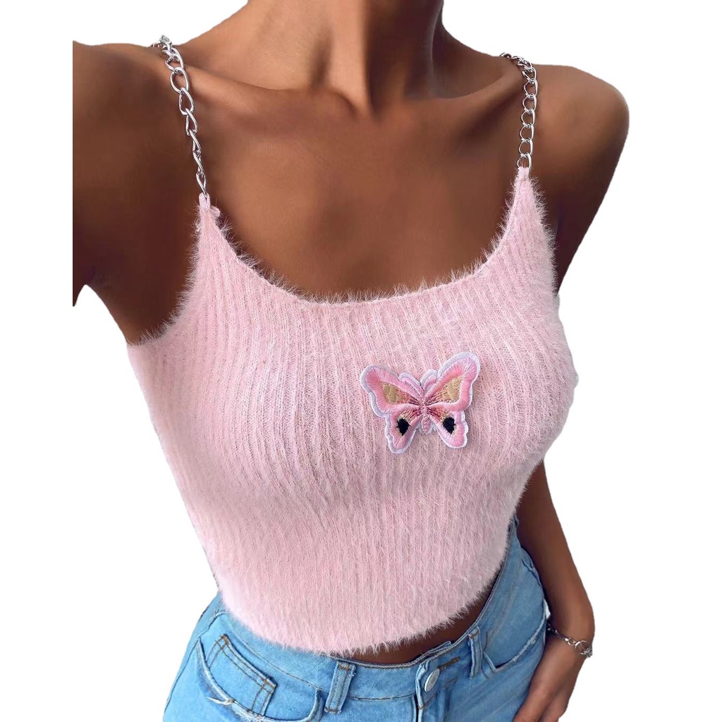 DUNEA Áo Hai Dây Vải Lông Cừu Thêu Hình Bướm Xinh Xắn Cho Nữ