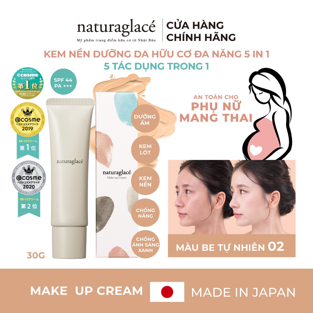 Kem nền hữu cơ đa năng naturaglacé Make up cream (02 - Màu be tự nhiên), chống nắng SPF44 PA+++, fullsize 30g