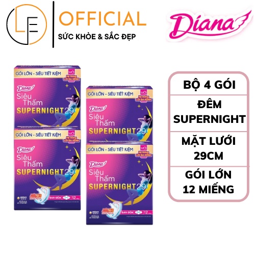 [Bộ 4 Gói Lớn] Băng Vệ Sinh Diana Super Night Ban Đêm 29cm - 12 Miếng