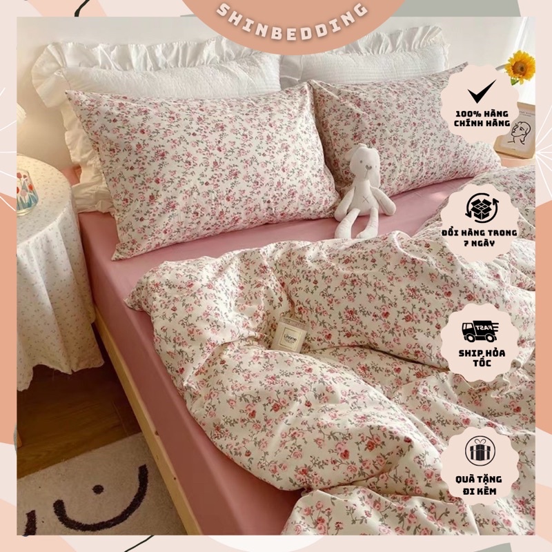 Set Chăn Ga Hoa Nhí Nền Hồng Cotton Living Dày Dặn Thoáng Mát Hàng Xuất Nhật (Shinbedding.shop)
