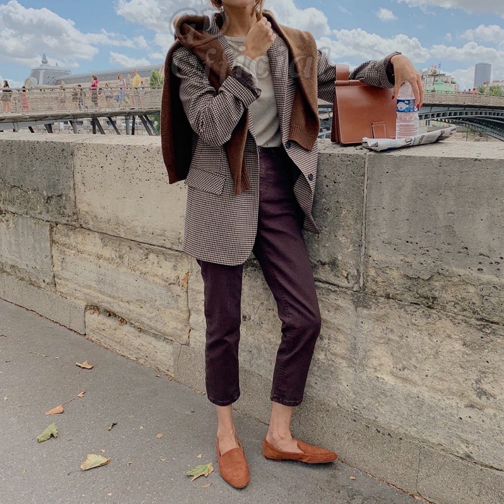 K41|Áo blazer nữ dáng vest tây khoác gió retro dài tay sọc caro nâu kaki rộng thụng suông trơn GD Official
