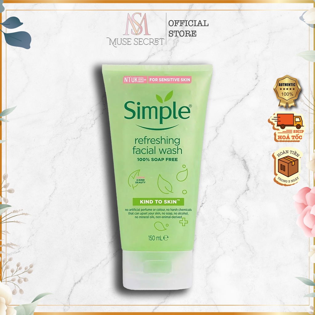 [Quà Tặng Khẩu Trang] Sữa Rửa Mặt Simple - Kind To Skin Refreshing Facial Wash Gel dịu nhẹ giúp da sạch thoáng 150ml