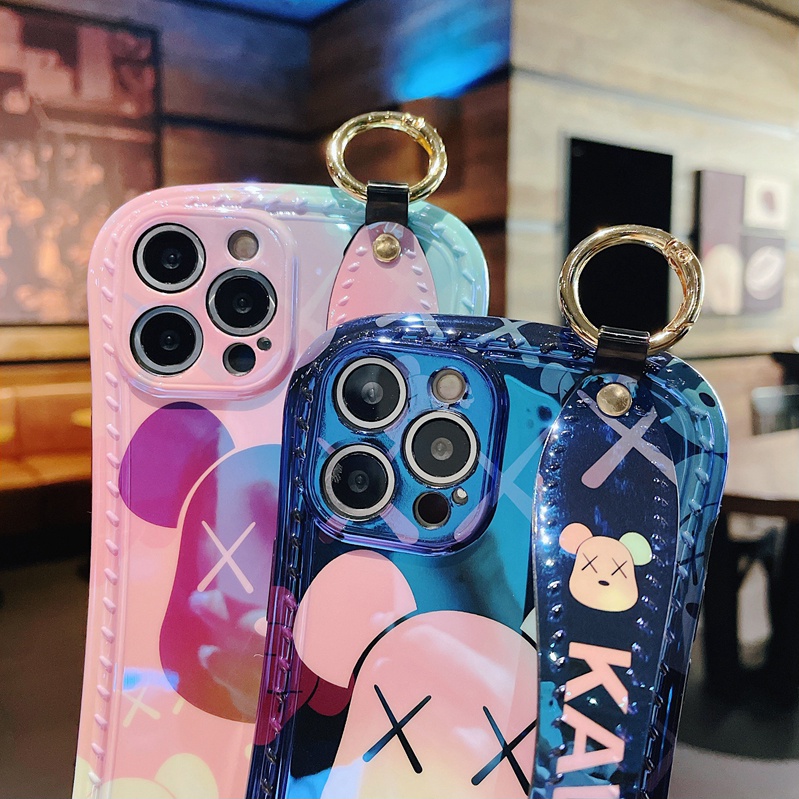 Ốp Điện Thoại Mềm Chống Sốc Màu Laser Hình Gấu Có Dây Đeo Cho iPhone 13 12 11 Pro Max XS XR X 8 + 7 Plus