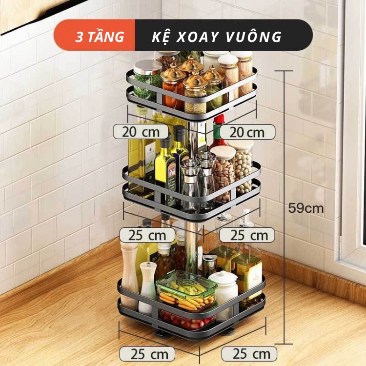 Kệ gia vị 2,3 tầng cao cấp đủ giỏ đựng đũa thìa dao thớt, kệ để gia vị xoay vuông tròn chất liệu thép cao cấp không gỉ