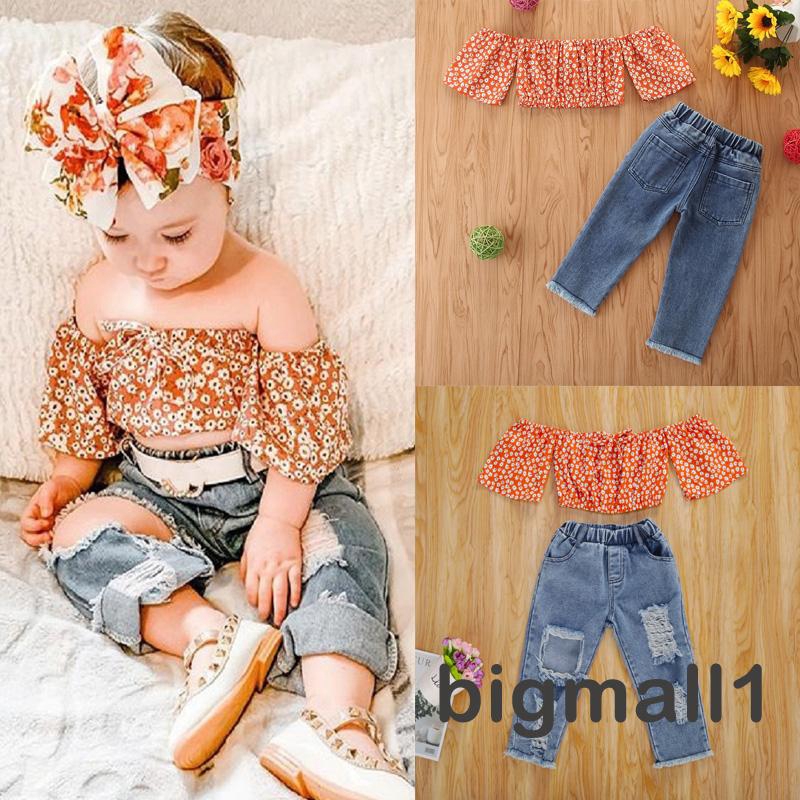 Set Áo Trễ Vai Họa Tiết Hoa Và Quần Jean Rách Thời Trang Cho Bé