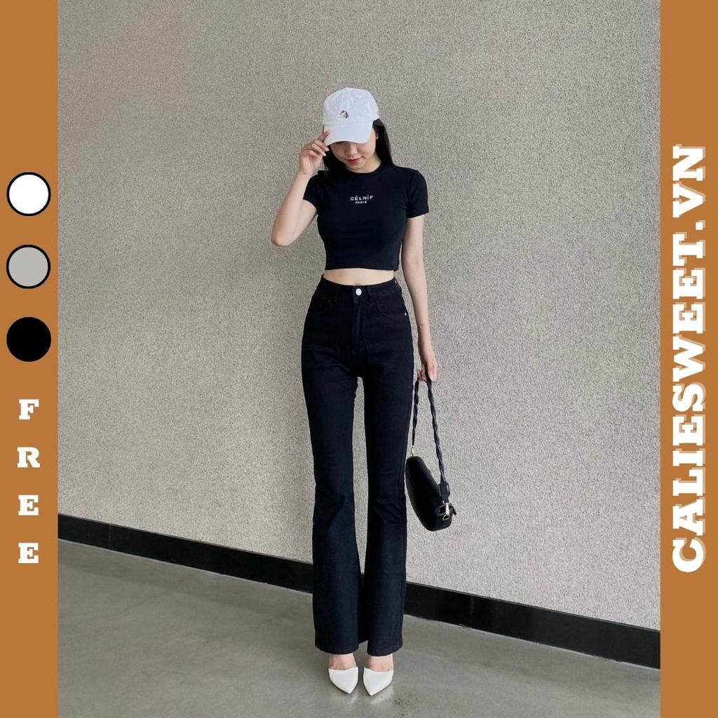 Áo thun croptop Caliesweet Áo croptop cổ tròn họa tiết Celnif