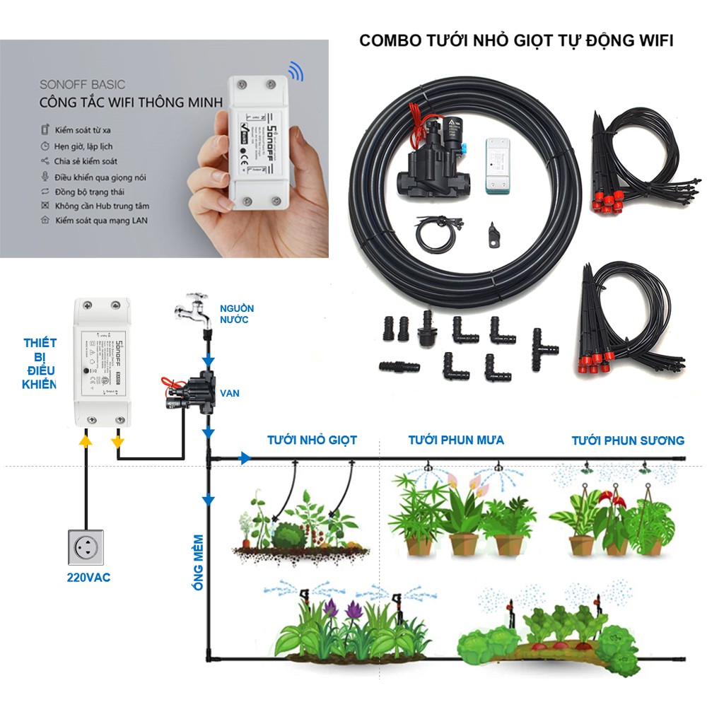 [CB0104] Bộ tưới nhỏ giọt tự động sử dụng điện 220V kết nối Wifi - Điều chỉnh chế độ tưới thông qua Smartphone