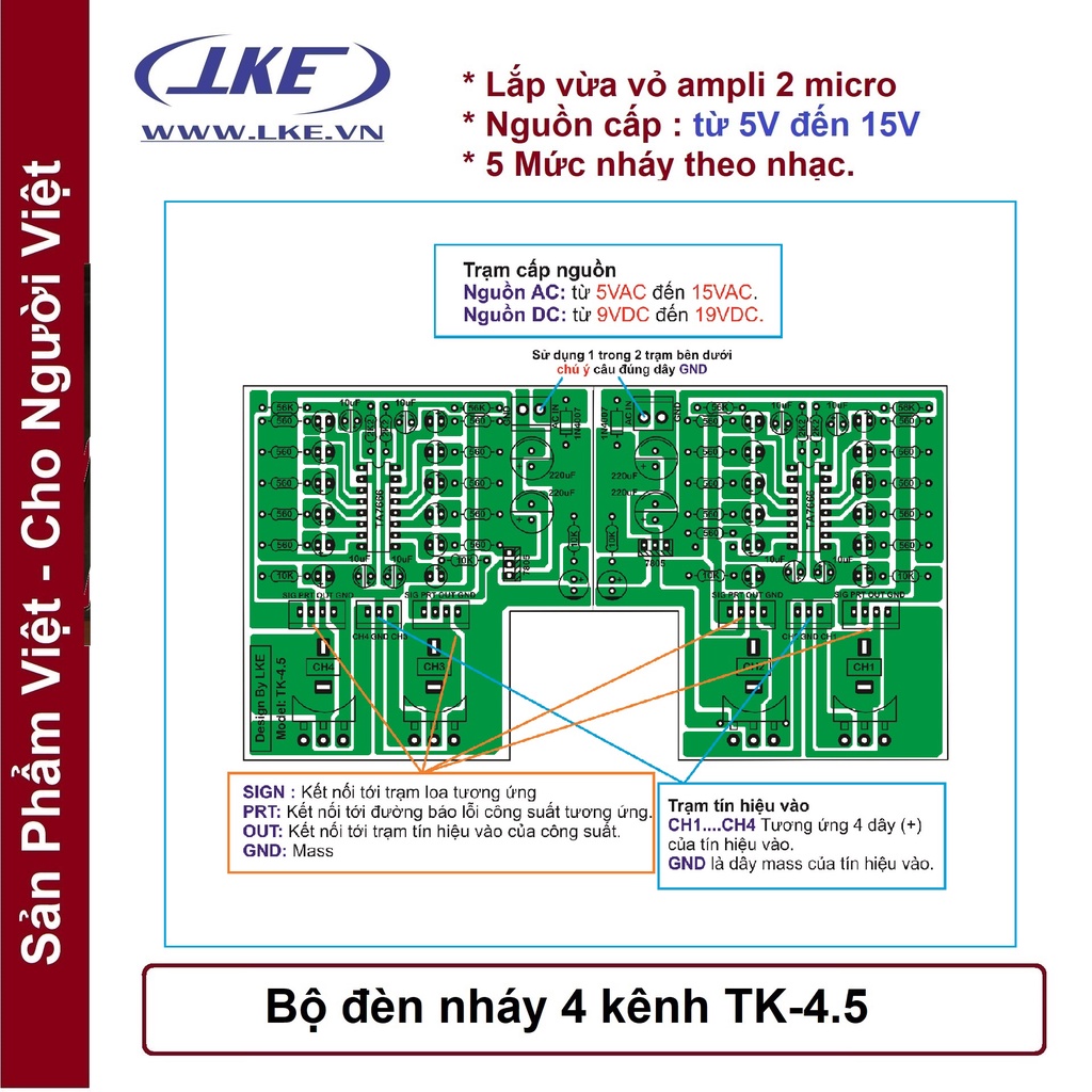 Mặt ampli kèm đèn nháy 4 kênh chế main 4CH TK-4.5 LKE