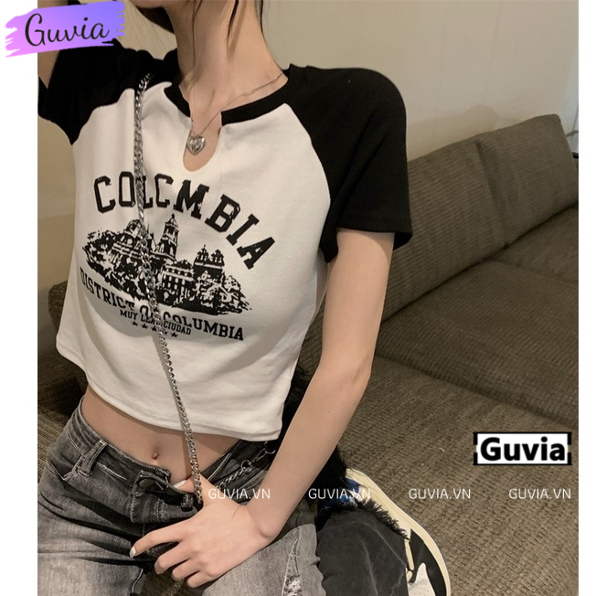 Áo Croptop Ôm Body Nữ COLOMBIA Tay Ngắn Cổ Xẻ V, Áo Thun Croptop Kiểu Sexy In Họa Tiết GUVIA CR59