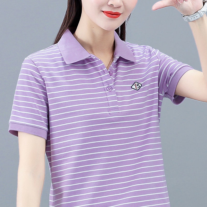 Áo polo Tay Ngắn Họa Tiết Sọc Thời Trang Phong Cách Phương Tây Cho Nữ