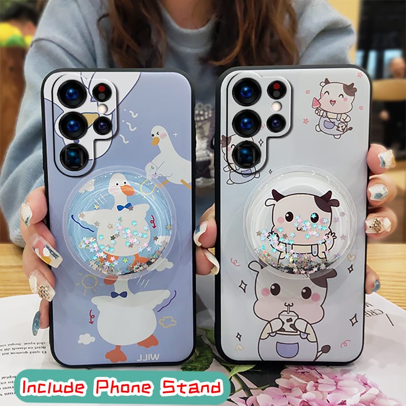 Ốp điện thoại dạng kim tuyến nước gắn giá đỡ họa tiết hoạt hình cho Samsung Galaxy S22 Ultra