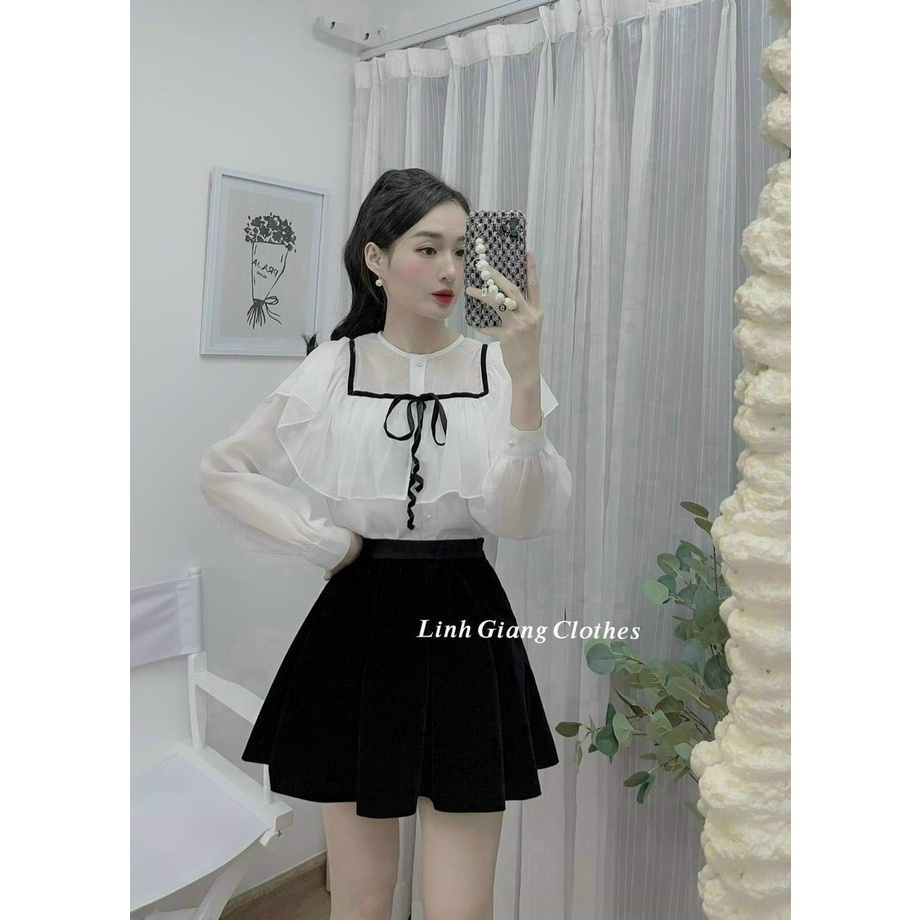 Áo sơ mi bèo tay phồng chất voan thoáng mát ,Áo sơ mi tiểu thư-LY STORE