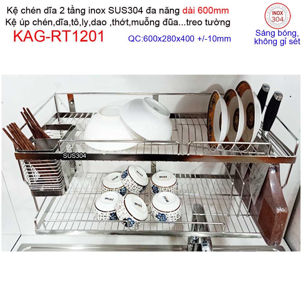 Kệ úp chén dĩa 2 tầng 60cm đa năng inox 304, kệ chén dĩa 2 tầng inox KAG-RT1201