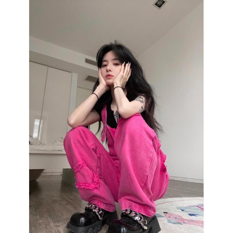 Quần Yếm Denim Dáng Rộng Màu Đỏ Hồng Thời Trang Mùa Hè Phong Cách Retro Hồng Kông Mới Cho Nữ