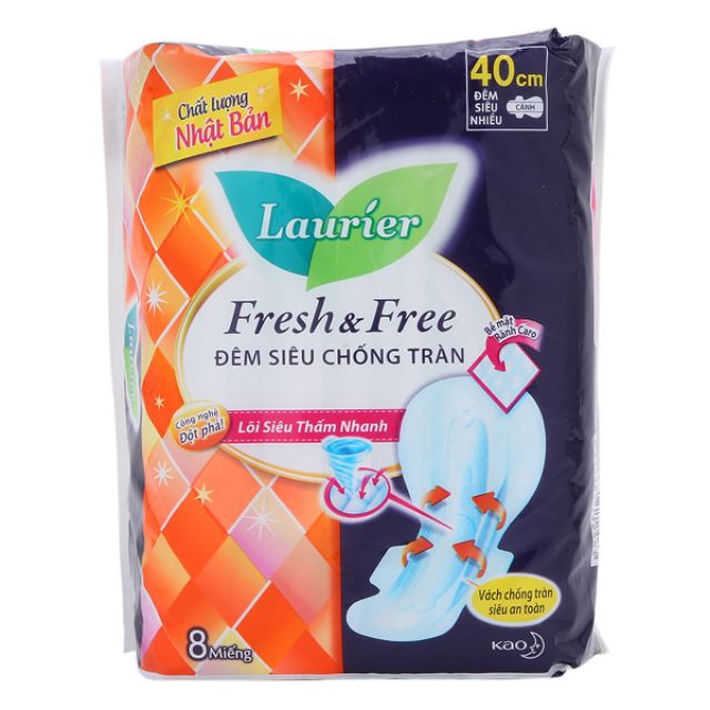 Băng Vệ Sinh Laurier Fresh &amp; Free Đêm Siêu Chống Tràn 40 cm - 8 Miếng