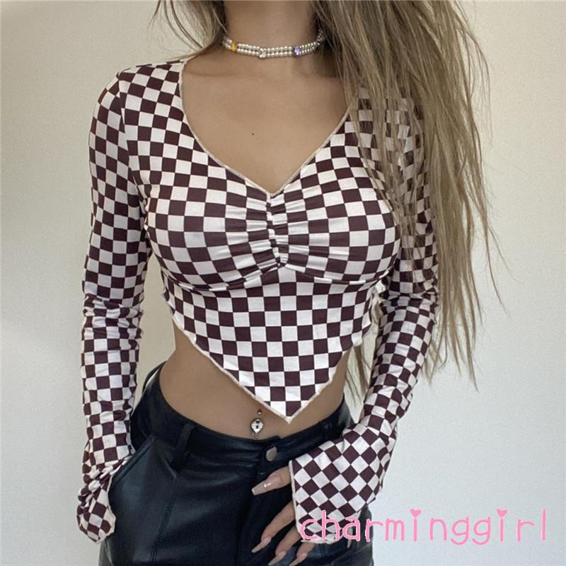 Áo croptop tay dài cổ chữ V in họa tiết caro thời trang cho nữ
