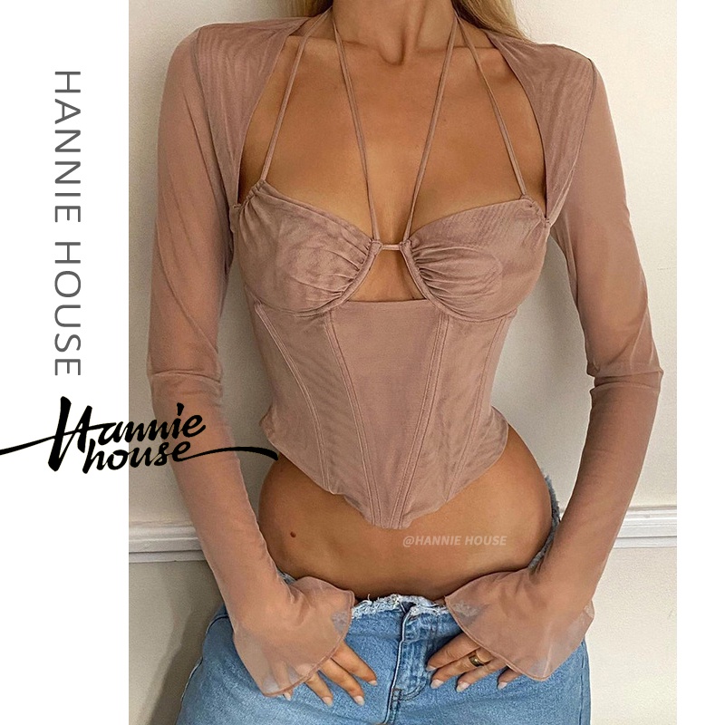 Hannie-Women´s Mesh Long Sleeve Multi-straps Halter Low-cut Hollow Crop Tops