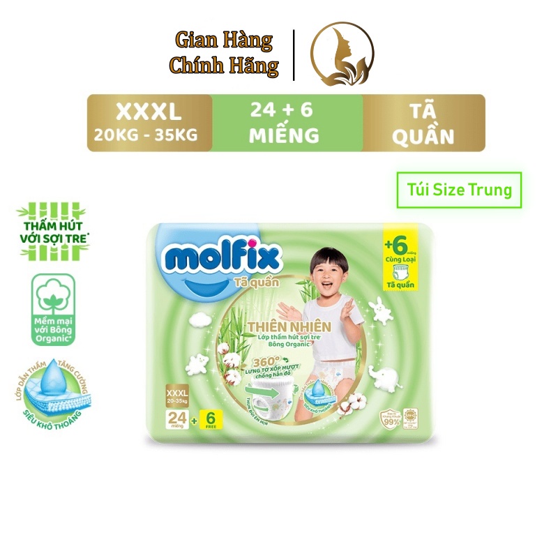 (Tặng 6 miếng)Tã/Bỉm Quần Molfix Thiên Nhiên Jumbo, Size M42/L38/XL34/XXL30/XXXL24