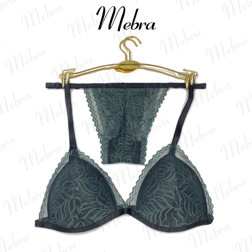 Áo ngực nữ bralette không gọng mút mỏng ren màu xanh rêu có tăng đơ 4 chiều thương hiệu Mebra _ MA016